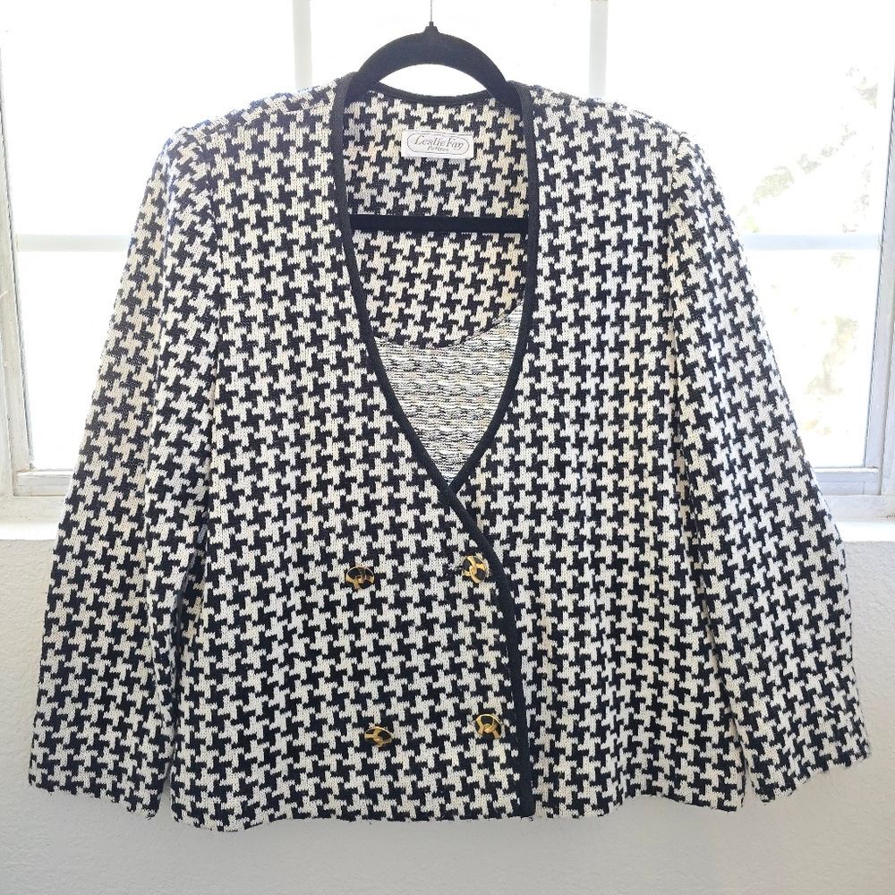 VTG Leslie Fay Petite Houndstooth Blazer Cardigan Size M Double Breasted Career